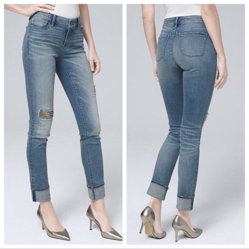 White House Black Market High Rise Straight Beaded Jeans Light Wash Size 6 Women